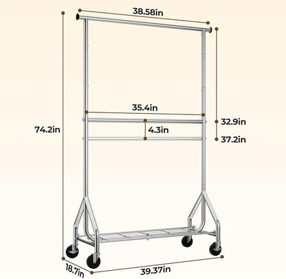 Heavy Duty Clothes Rack, Double Rod Clothing Rack for Hanging Clothes, Rolling Garment Rack, Adjustable Freestanding Wardrobe Closet Coat Rack for Bedroom Laundry Living Room, Silver