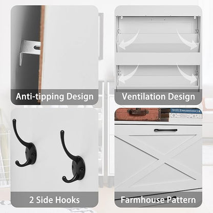 Shoe Storage Cabinet with 2 Flip Drawers, Farmhouse Shoes Organizer for Entryway, Narrow Hidden Shoe Rack with Wooden Legs & Open Storage, Free Standing Shoe Closet for Foyer, Hallway, White