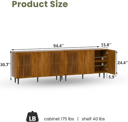 Storage Cabinet, 94.4" Freestanding Buffet Cabinet with 6 DIY Doors and Adjustable Shelf,Modern Sideboard Coffee Bar with Solid Wood Feet for Living Room,Dining Room,Kitchen,Walnut,Set of 2