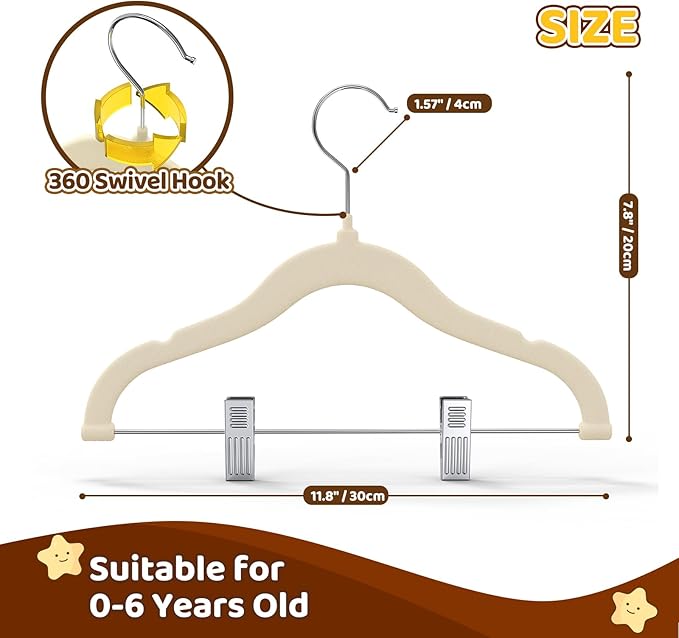 Flottian 24-Pack Baby and Kids Velvet Hangers with Clips, Non Slip and Space-Saving Kids Pants Hangers for Baby/Toddler Pants, Skirts, Coats, Beige
