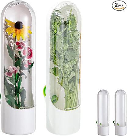 2 Pack Herb Keeper Container for Refrigerator, Clear Storage Bottle for Cilantro Parsley Mint, Fresh Produce Saver, Extends Freshness for 2-3 Weeks