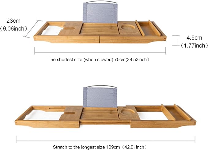 Bamboo Bathtub Tray Expandable Bathroom Tray for Home Spa Relaxation, Premium Foldable Wood Bath Table, Soap Dish, Book, Phone & Tablet Holder, Wine Glass Slot - Relaxing Bath Caddy
