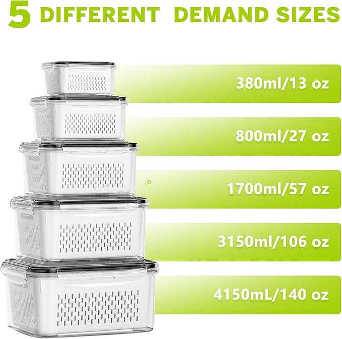 5 Pack Fruit Storage Containers for Fridge, Plastic Fruit Containers for Fridge with Removable Colanders, Leakproof Fridge Organizers and Storage for Berry Vegetable Salad Lettuce Meat Food