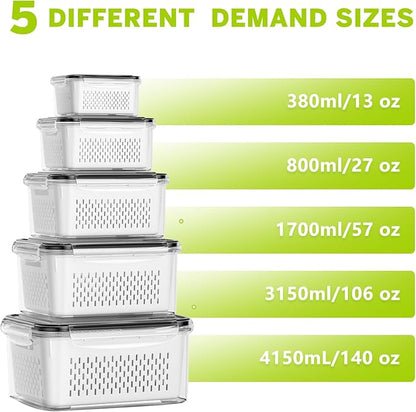 5 Pack Fruit Storage Containers for Fridge, Plastic Fruit Containers for Fridge with Removable Colanders, Leakproof Fridge Organizers and Storage for Berry Vegetable Salad Lettuce Meat Food