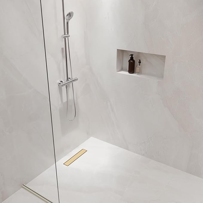 DLONE Linear Shower Drain | 18" AISI 304 Stainless Steel Shower Drain, Brushed Gold Linear Drain with Tile Insert Panel & Adjustable Feet, Long Rectangle Shower Floor Drain in Bathroom, Balcony etc
