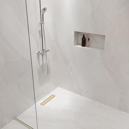 DLONE Linear Shower Drain | 18" AISI 304 Stainless Steel Shower Drain, Brushed Gold Linear Drain with Tile Insert Panel & Adjustable Feet, Long Rectangle Shower Floor Drain in Bathroom, Balcony etc