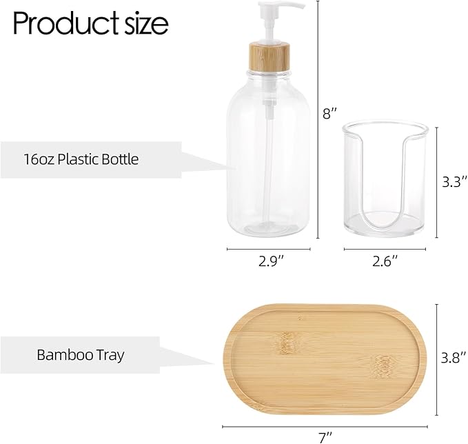 Mouthwash Dispenser with Cup Holder, Plastic Mouth Wash Pump Bottle with Tray for Bathroom Organizers, 17oz Refillable Clear Mouthwash Container - Bamboo