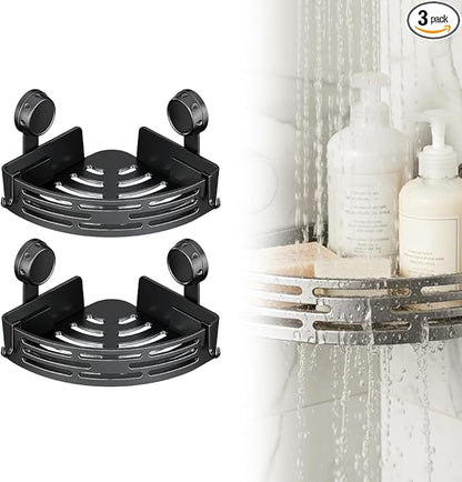 Triangle Suction Cup Corner Shelves No Drilling Bathroom Storage Rack, 2026 New Corner Shower Shelf Suction Cup Shower Caddy Corners Organizer Storage Rack Adhesive with Towel Bar (Black double-layer)
