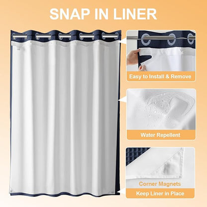 River Dream Hotel Grade No Hooks Needed Shower Curtain with Snap in Liner,Water Repellent, Machine Washable (Navy Blue, 71"x86"(W/Liner))
