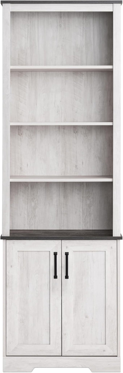 Prepac Rustic Ridge Bookcase with Doors, Washed White Storage Cabinet with Doors and Shelves, Accent Cabinet 26" W x 79.75" H x 12.5" D, ASBR-1630-1