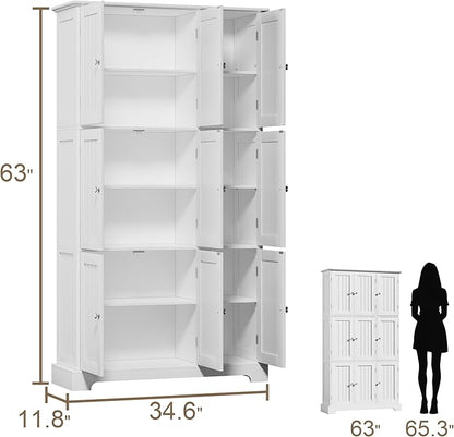 ChooChoo Bathroom Storage Cabinet with 9 Doors, Narrow Floor Cabinet with Adjustable Shelves, White Slim Pantry Cabinet for Kitchen, Bathroom, Laundry Room, Living Room
