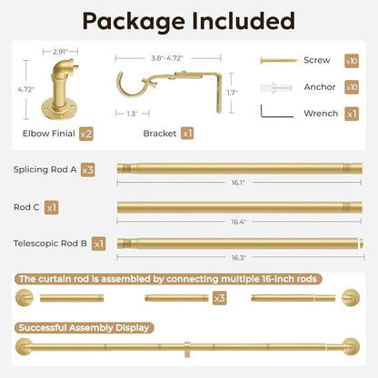 Zeerobee Curtain Rods for Windows 48 to 84, 1 Inch Industrial Wrap Around Gold Curtain Rod, Indoor/Outdoor Room Divider Adjustable Drapery Pole, 48"-86"