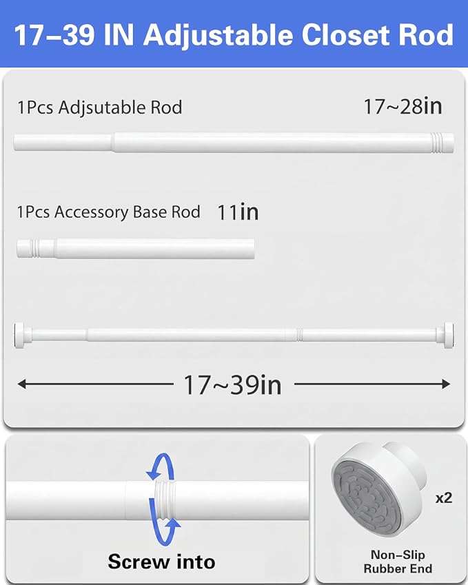 Supforce No Drilling Closet Rods for Hanging Clothes, Non Slip Tension Rod with Heavy Duty Clothes Hanging Rod, 17-39 Inches Adjustable Spring Closet Rod for Closet Wardrobe Bathroom Laundry RV, White