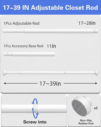 Supforce No Drilling Closet Rods for Hanging Clothes, Non Slip Tension Rod with Heavy Duty Clothes Hanging Rod, 17-39 Inches Adjustable Spring Closet Rod for Closet Wardrobe Bathroom Laundry RV, White