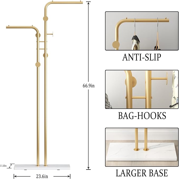 TIEOU Double-pole Metal Coat Rack, Gold Coat Rack Freestanding with 5 Hooks and Marble Base, Gold Clothing Rack, Modern Coat Hanger Stand for Entryway, Living Room, Bedroom