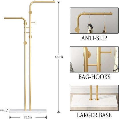 TIEOU Double-pole Metal Coat Rack, Gold Coat Rack Freestanding with 5 Hooks and Marble Base, Gold Clothing Rack, Modern Coat Hanger Stand for Entryway, Living Room, Bedroom