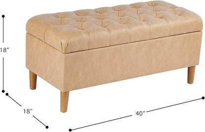 HomePop Button Tufted Storage Bench with Cone Wood Legs - Sand Faux Leather