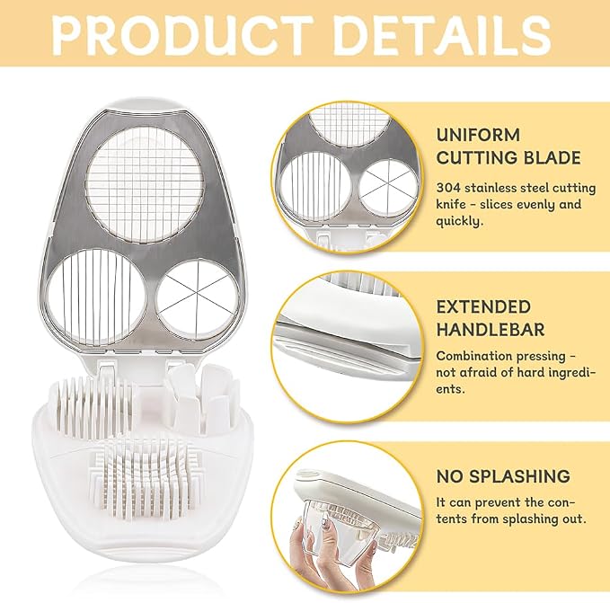 3 in 1 Boiled Egg Slicer, Manual Egg Slicer for Hard Boiled Eggs, 3 Slice Modes Chopper Cutter Stainless Steel Dicer, Kitchen Gadget for Butter Strawberry Tomato, Labor Saving