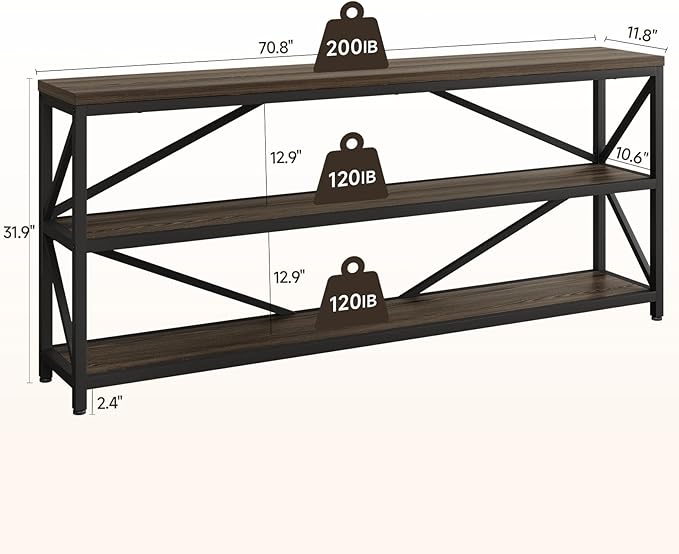 ONBRILL Industrial Console Sofa Table,70.8 Inch Extra Long Entryway Table with 3 Tier Wood Storage Shelf for Living Room, Hallway, Entrance, Narrow Sofa Table with Metal Frame, Black and Brown