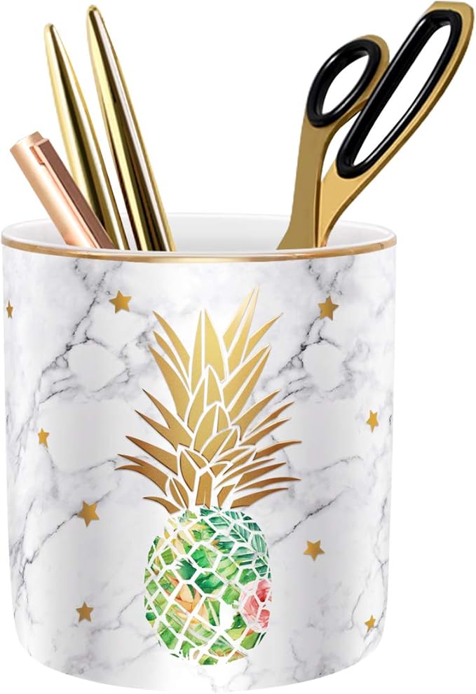 WAVEYU Cute Aesthetic Pencil Holder for Desk, Pineapple Pen Cup Holder, Pretty Office Accessories for Girls Women, Ceramic Organizers, Makeup Brush Holder for Home, Green Pineapple
