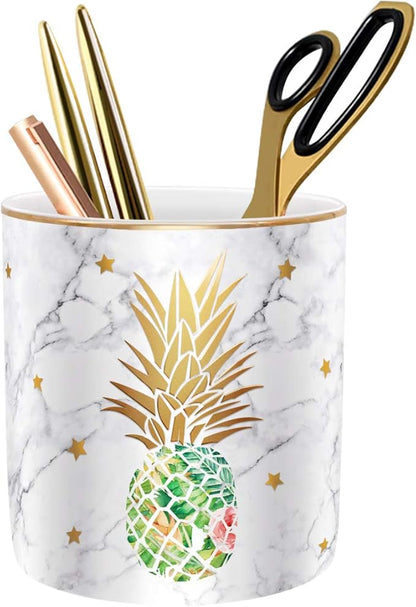 WAVEYU Cute Aesthetic Pencil Holder for Desk, Pineapple Pen Cup Holder, Pretty Office Accessories for Girls Women, Ceramic Organizers, Makeup Brush Holder for Home, Green Pineapple