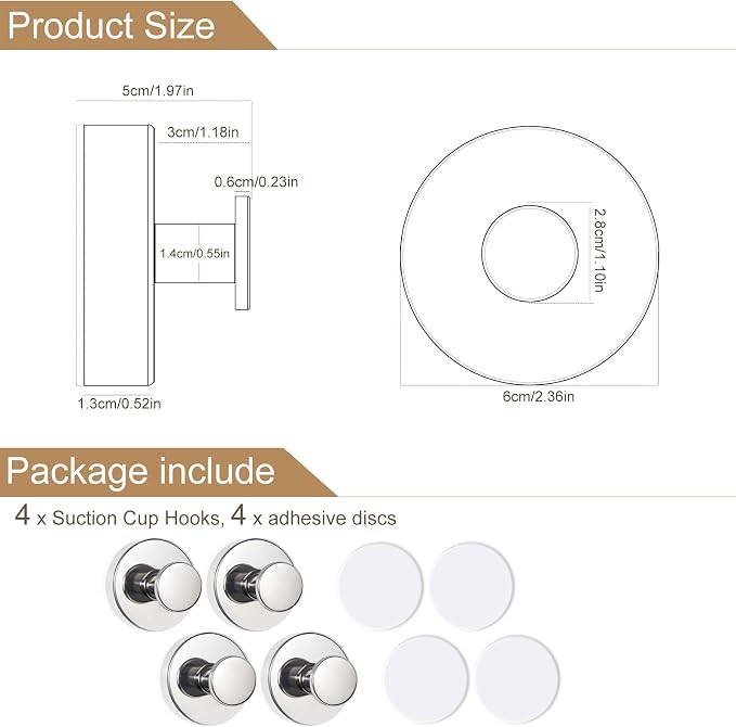 ZESLMG Suction Cup Hooks for Shower, Chrome Wreath Hangers for Front Door Glass Window Bathroom Kitchen Wall, Removable Towel Holder Bath Robe Loofah Coat Hooks No Damage for Hanging, 4 Pack