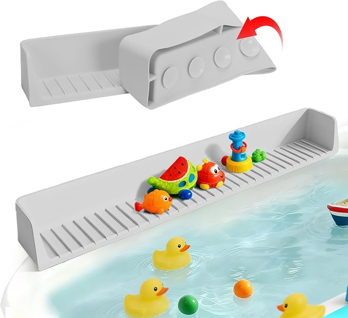 Bathtub Splash Guard for Tub Kids- 31" Extra Long Silicone Bath Play Shelf, Toy Tray & Caddy Holder, Prevent Water Spills & Messy Floors, Tub Edge Guard for Bathroom- Grey