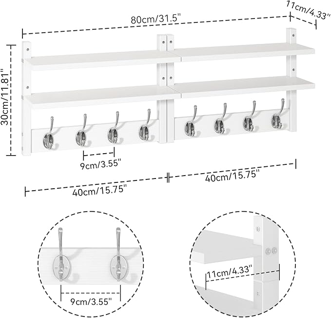 YMYNY Coat Rack Wall Mount with Shelf, Two-Tier Wall Shelf Mounted with 8 Hooks, Wooden Wall Coat Rack for Entryway, Bedroom for Hanging Clothes/Coats/Keys/Hats/Towels, White, HWS009W-2
