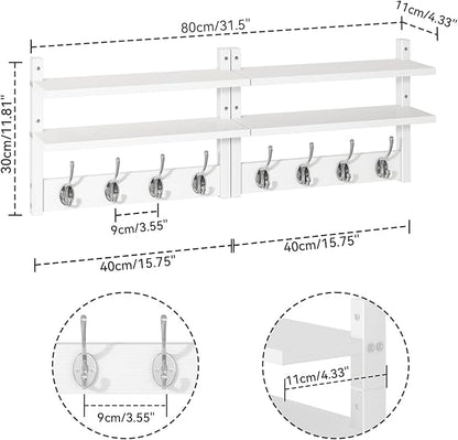 YMYNY Coat Rack Wall Mount with Shelf, Two-Tier Wall Shelf Mounted with 8 Hooks, Wooden Wall Coat Rack for Entryway, Bedroom for Hanging Clothes/Coats/Keys/Hats/Towels, White, HWS009W-2