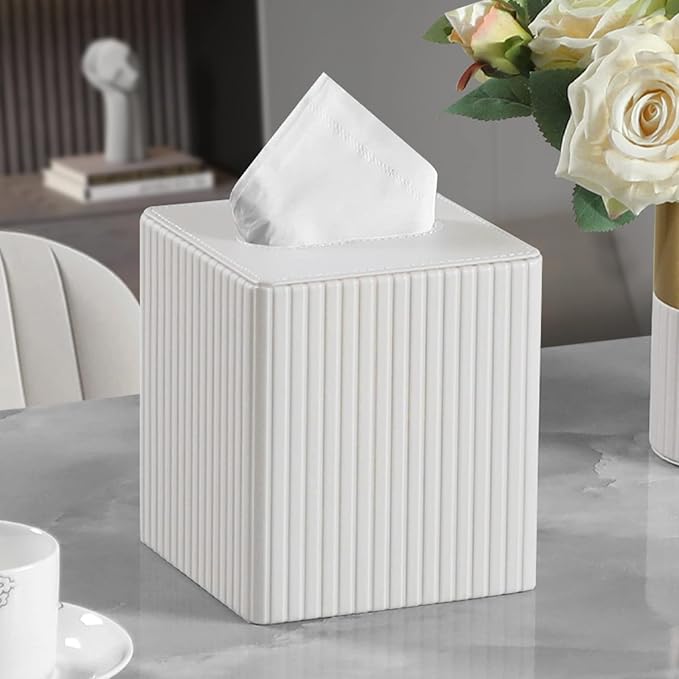 MEIBOOCH PU Leather Tissue Box Cover Square Tissue Box Holder with Magnetic Closure (Ivory Stripe)