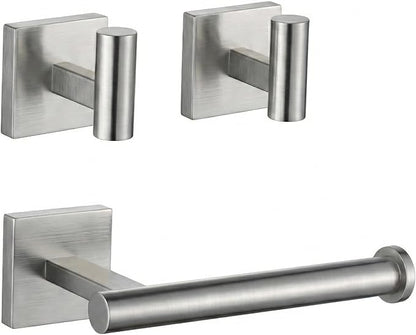 Toilet Paper Roll Holder Stand with 2 Robe Towel Hooks,Wall Mounted Brushed Nickel 3 Piece Bathroom Hardware Set, SUS 304 Stainless Steel, Drilling Hole Bath Accessories (Silvery)