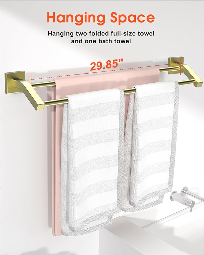 Alise Bath Double Towel Bars Towel Racks for Bathroom,Wall Mount Towel Holder Heavy Duty SUS304 Stainless Steel Towel Hanger Towel Rail,Gold,32 Inch