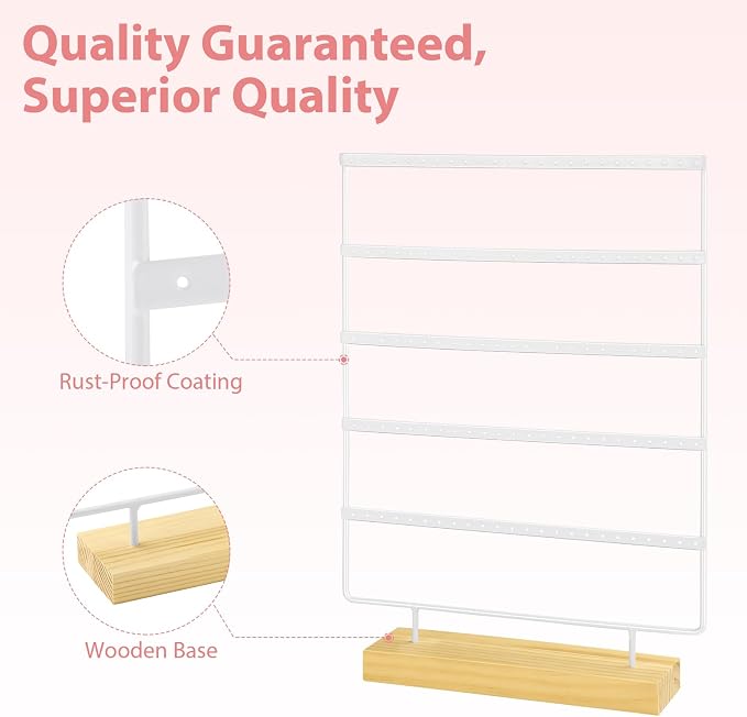 Earring Holder Organizer, 5-Tier Earring Organizer with 60-Pair Capacity, Wooden Base Metal Earring Display, Jewelry Storage & Display for Home Store, Suitable for Women