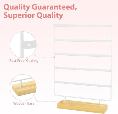 Earring Holder Organizer, 5-Tier Earring Organizer with 60-Pair Capacity, Wooden Base Metal Earring Display, Jewelry Storage & Display for Home Store, Suitable for Women