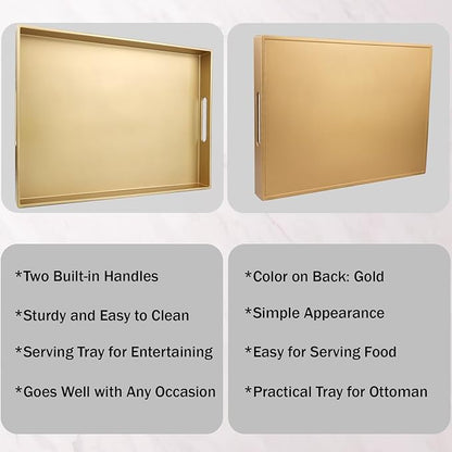 Gold Serving Tray for Coffee Table, Rectangular Plastic Decorative Tray with Handles for Entertaining, Outdoor Patio, Living Room, Ottoman, Bathroom Counter, 11.8”*15.7”*1.6”