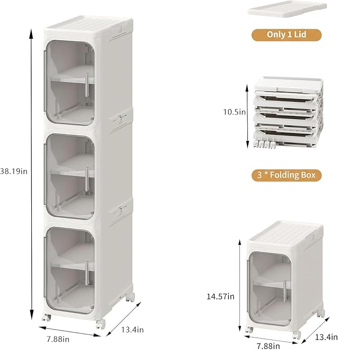 3-Tier Slim Bathroom Narrow Storage Cabinet with Wheels, White | Tool Free Assembly, Adjustable shelves, Lockable Wheels, Magnetic Clear Door, Fits for Narrow Spaces