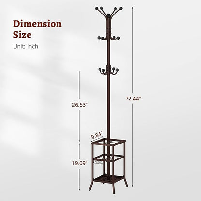 FAVOOSTY Coat Rack Freestanding,Coat Rack Stand with Umbrella Holder,Metal Coat Tree with 12 Hooks,Tree Clothes Hat for Entryway, Hallway, Bedroom, Living Room & Office -Brown