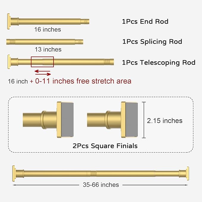 UIOSANRT Gold Shower Curtain Rod 35-66 Inches Non-Slip Shower Rod Tension Mounted No Drill , Adjustable Tension Curtain Rod for Windows Bathroom