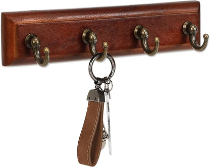 CypherX Key Holder Wall Mount Adhesive, Easy Removal Super Adhesive Tapes, No Damage Small Key Rack with 4 Hooks for Entryway Door Bathroom and Kitchen (Brown)