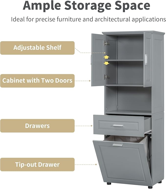 70" Tall Bathroom Storage Cabinet with Two Doors and Drawer, Open Space and Laundry Hampers for Home Display Organizer, Removable Laundry Basket, Adjustable Shelf, Gray