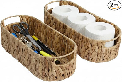 Toilet Paper Storage with Handles, Water Hyacinth Toilet Paper Holder, Storage Basket for Table, Shelves, Bathroom, Living Room, Gift Basket, Decor, 2 Packs (14.2" × 6.3" × 3.9")