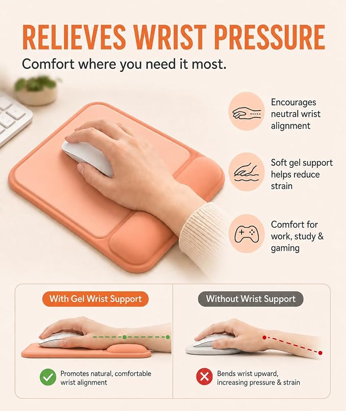 eulps Ergonomic Mouse Pad with Wrist Rest, Gel Mousepad with Soft Wrist Support, Non-Slip PU Base, Smooth Surface Mouse Pad for Wrist Pain Relief, Computer Laptop Office Home & Gaming (Orange)