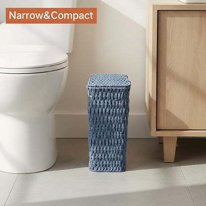 3 Gallon Paper Rope Bathroom Trash Can,Small Wicker Trash Cans with Lid and Liner,Woven Rattan Narrow Waste Basket for Bedroom,Office,Blue