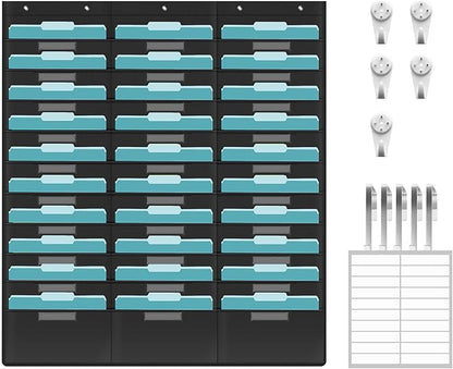 KIKIGOAL 30 Pockets Hanging Wall File Organizer, Heavy Duty Storage Pocket Chart With 30 Name Tag Pockets for File Folder and Paper, Space Saver for Office and Classroom