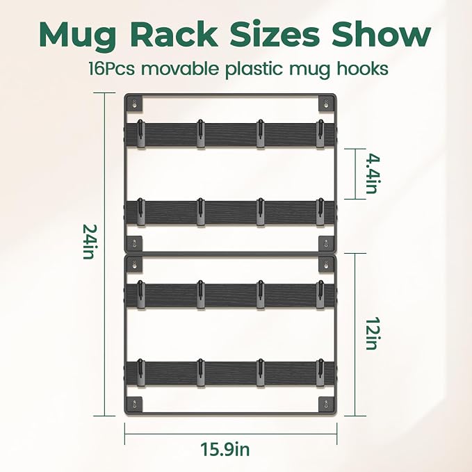 EsLuker.ly Mug Holder Hanger Rack Wall Mounted Wooden 2 Pack Coffee Cup Storage Organizer Display Shelf with 16 Movable Plastic Hooks, Ideal for Mug Collectors, Black