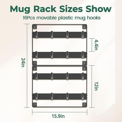 EsLuker.ly Mug Holder Hanger Rack Wall Mounted Wooden 2 Pack Coffee Cup Storage Organizer Display Shelf with 16 Movable Plastic Hooks, Ideal for Mug Collectors, Black