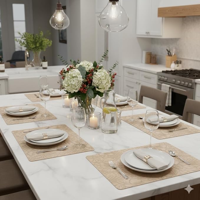SolaraDawn Faux Leather Table Placemats Set of 4, Washable, Wipeable & Heat-Resistant Table Mats, Waterproof Dining Place Mats with Embossed Texture for Kitchen & Dining, Beige, 17" × 12"