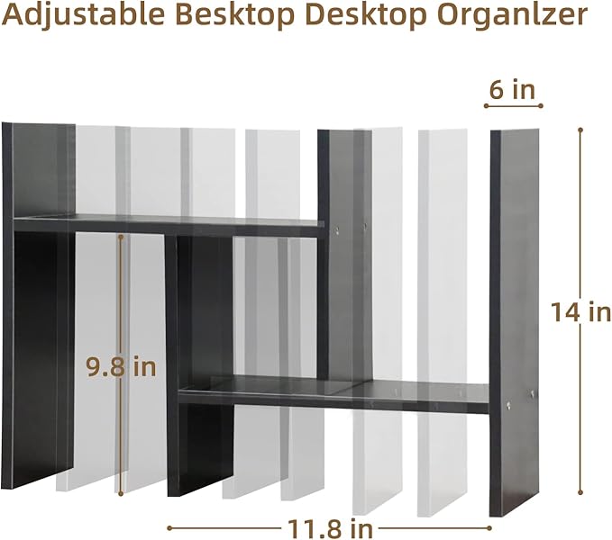 TY ARTS & CULTURE - Expandable Wood Desktop Storage Organizer Multipurpose Desk Bookshelf Display Shelf Rack Counter Top Bookcase for Office Home | Black