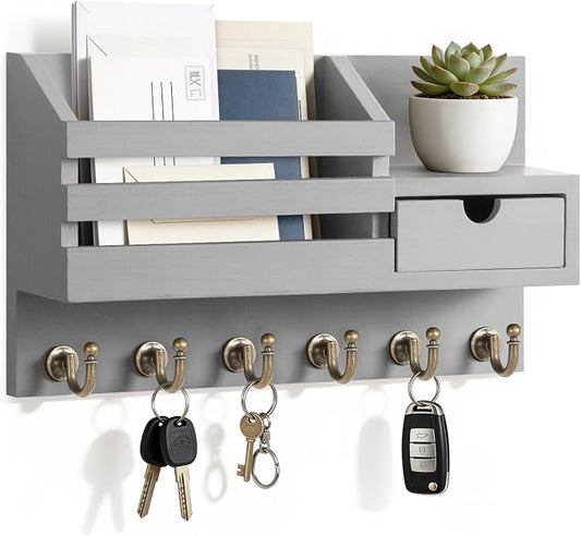 FifthQuarter Key and Mail Holder for Wall, Mail Organizer Wall Mount with 6 Hooks and Storage Drawer, Easy Installation Key Rack for Entryway and Home Decor (A-Grey)