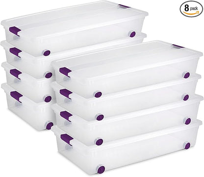 Sterilite 8-Pack 60 Quart ClearView Latch Box, Wheeled Underbed Organizer Bins with Latching Lids - Clear Plastic Organization Containers for Closet, Bedroom, Shelving Units and Everyday Home Storage